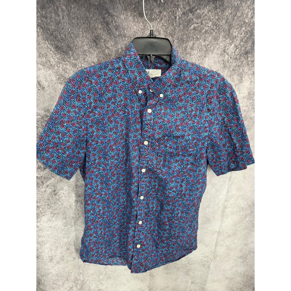 Gap Hawaiian Shirt Men Medium Blue Floral Button Down Slim Short Sleeve Vacation